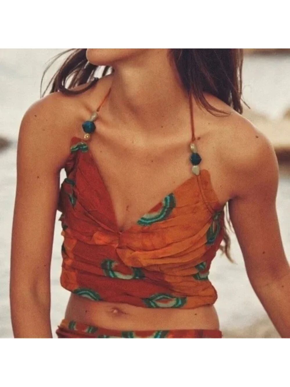 NWT Zara Beaded Tie Back Printed Halter Crop Top in Rust and Blue Size XS